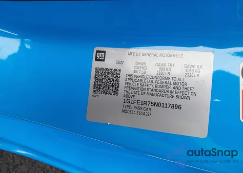 2022 Chevrolet Camaro Rwd 1Ss z USA, uszkodzony, nr VIN 1G1FE1R75N0117896